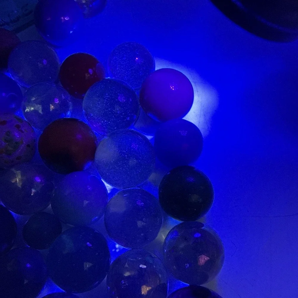 Lot Of Unique Vintage Marbles In Blue Mason Jar Some Glow- See Pics